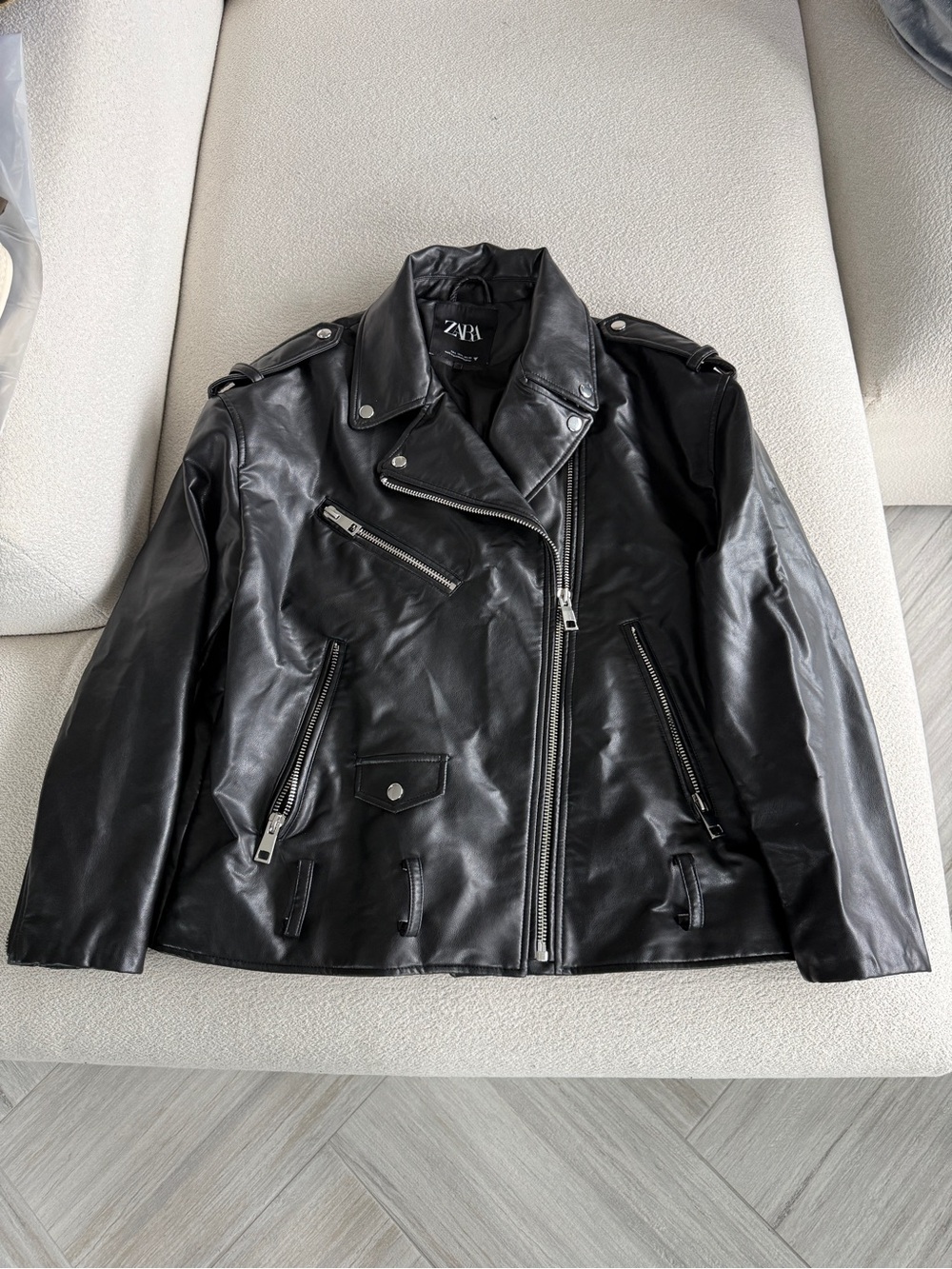 Zara Black Faux Leather Moto Bomber Jacket